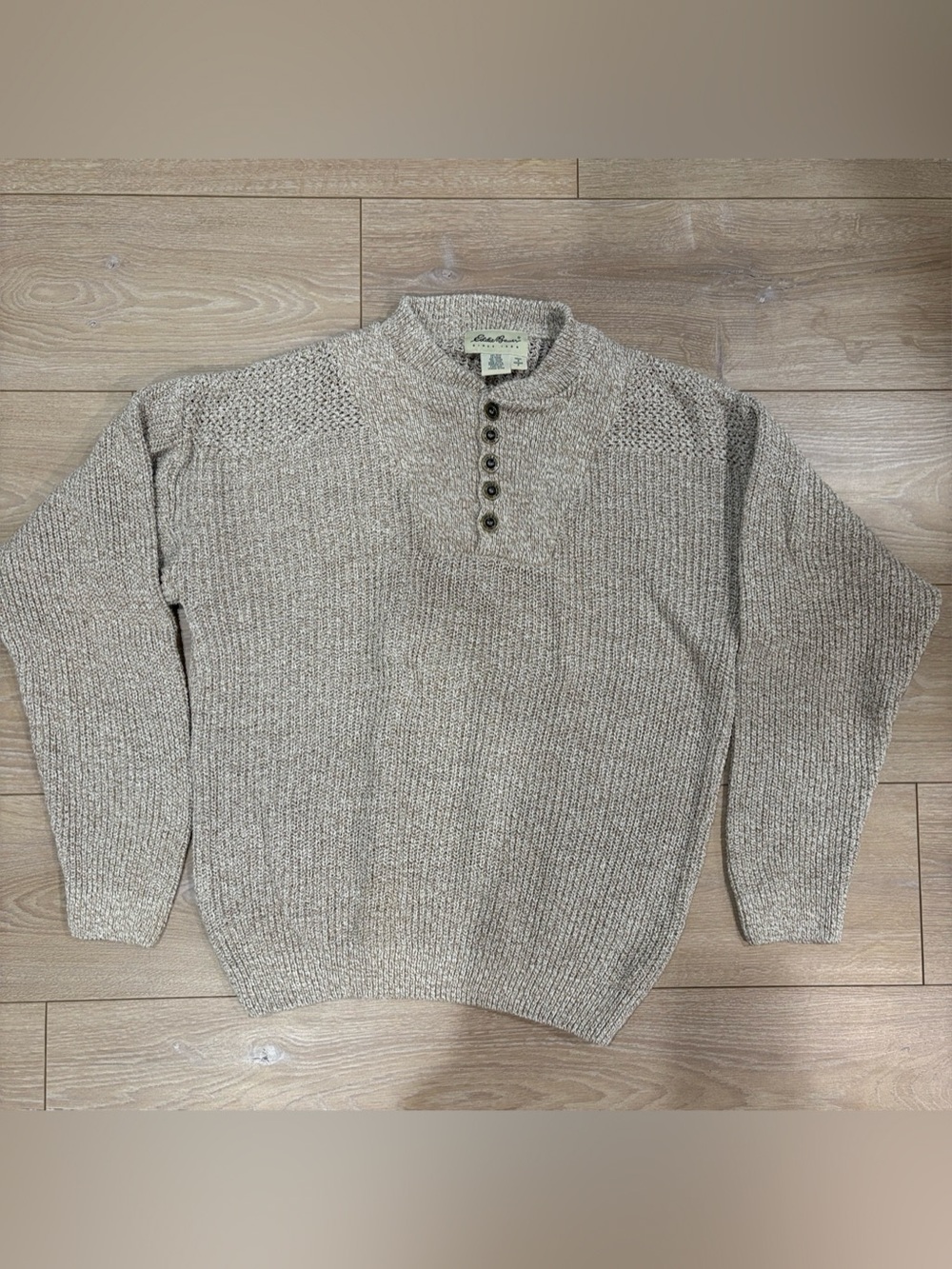 Vintage 90s Eddie Bauer Made in USA 100% Cotton Henley Heavy Knit Sweater Mens S